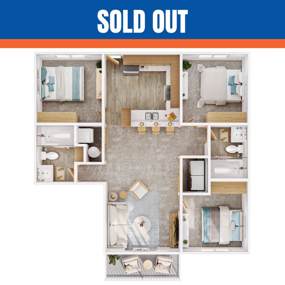 A 3D image of the 3BR/2BA floorplan, a  squarefoot, 3 bed / 2 bath unit