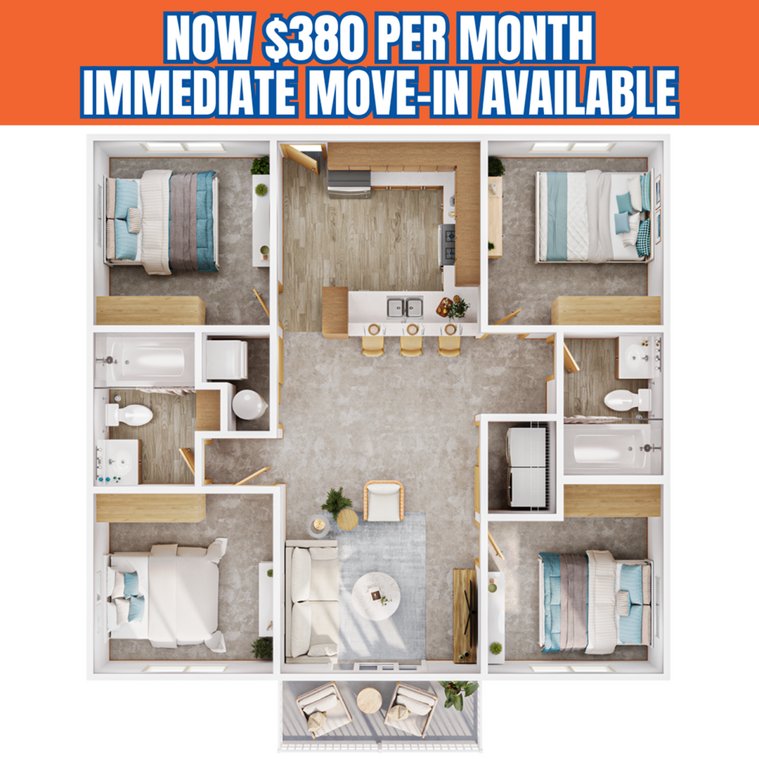A 3D image of the 4BR/2BA floorplan, a  squarefoot, 4 bed / 2 bath unit